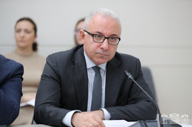 Заместитель министра иностранных дел Армении Мнацакан Сафарян выступает в парламенте, обсуждая проект TRIPP, который